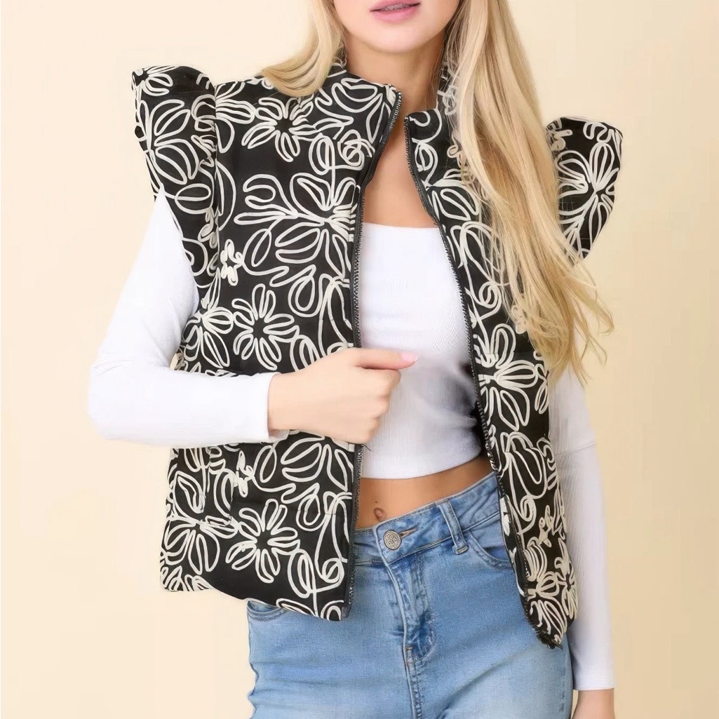 Floral Velvet Embroidered Denim Puffer Vest